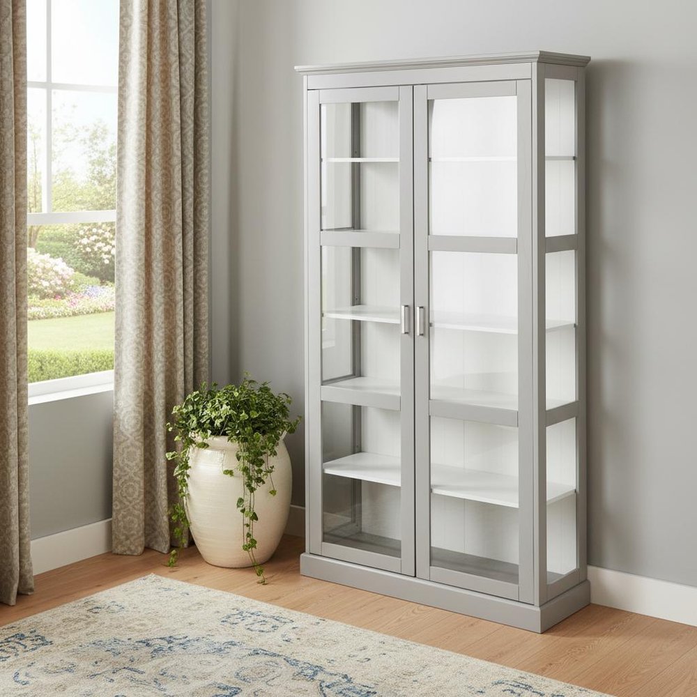 Gray Cornice Molding Double Door Curio Cabinet  Warm Home View