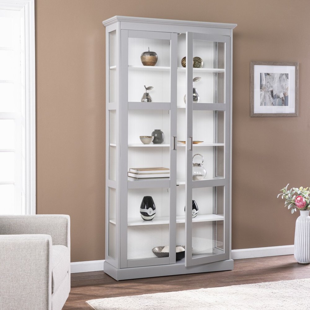 Gray Cornice Molding Double Door Curio Cabinet  Warm Home View
