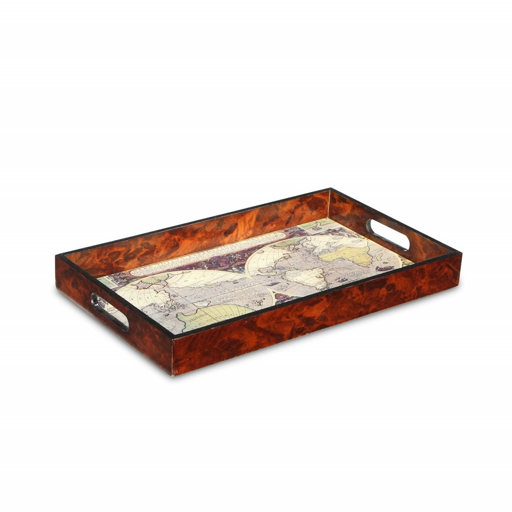 World Map Vintage Burlwood Serving Tray  Warm Home View