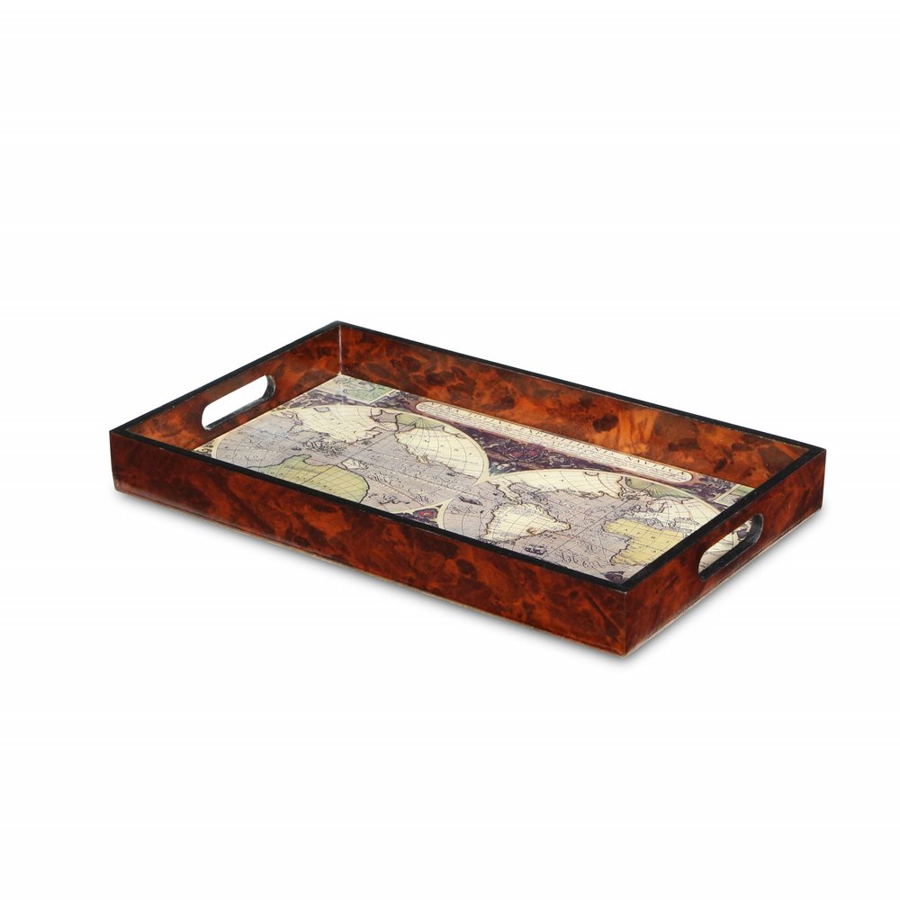 World Map Vintage Burlwood Serving Tray  Warm Home View