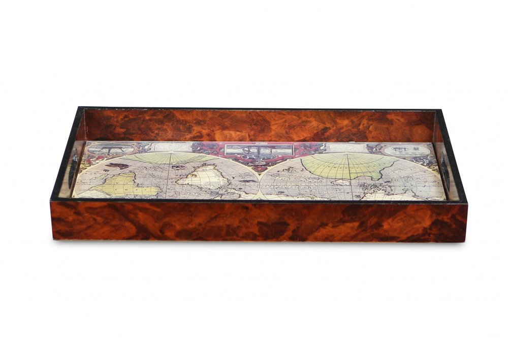 World Map Vintage Burlwood Serving Tray  Warm Home View