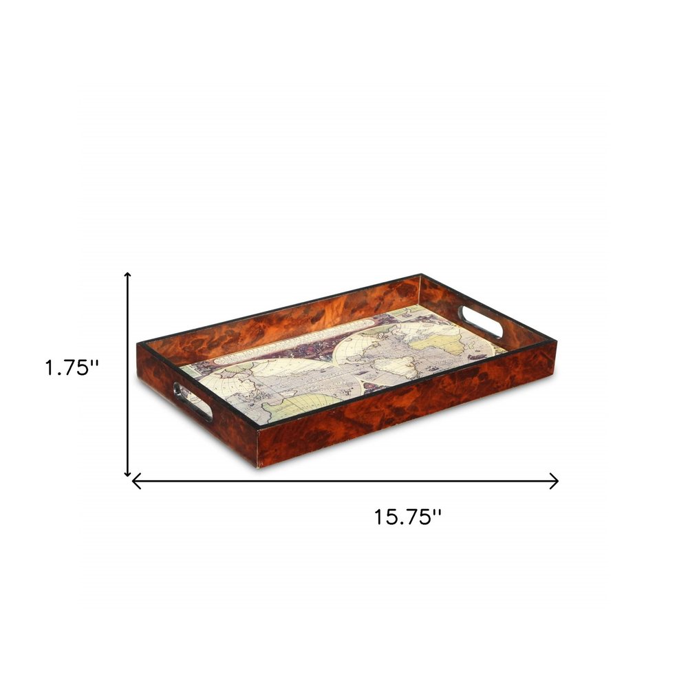 World Map Vintage Burlwood Serving Tray  Warm Home View
