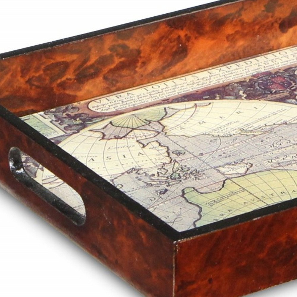 World Map Vintage Burlwood Serving Tray  Warm Home View