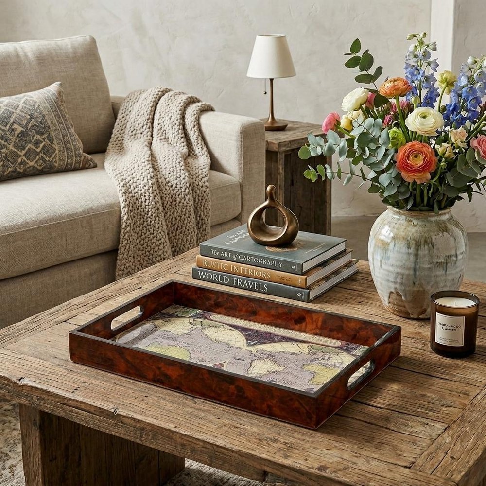 World Map Vintage Burlwood Serving Tray  Warm Home View