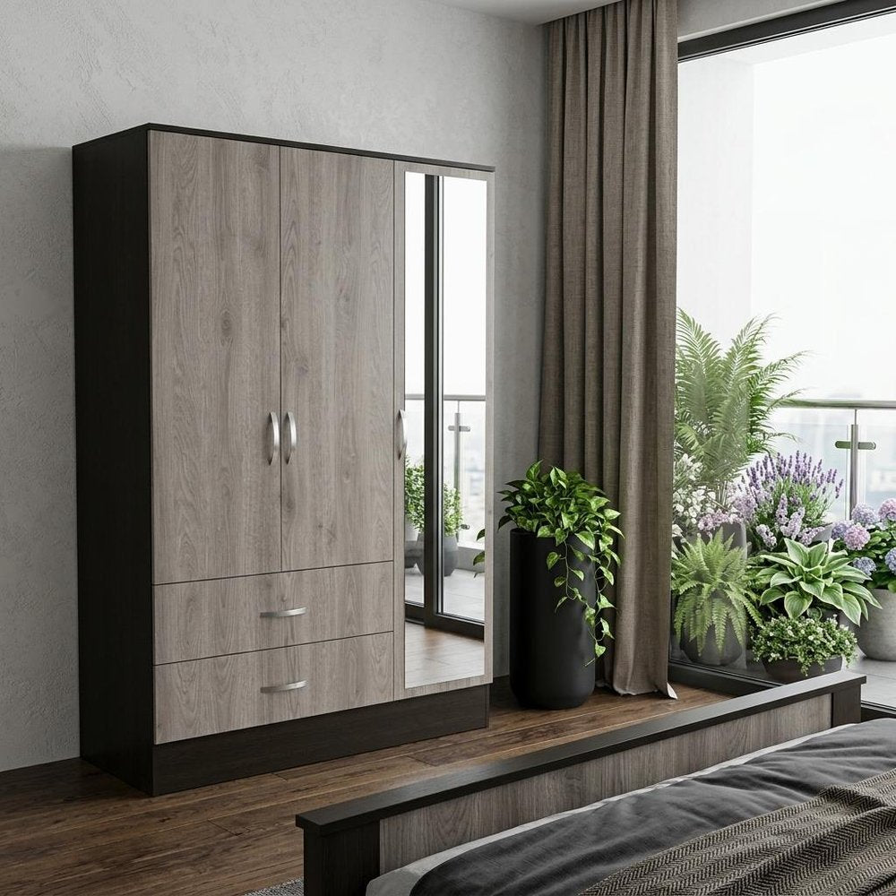 71" Brown And Black Wood Mirrored Three Door Two Drawer Combo Dresser  Warm Home View