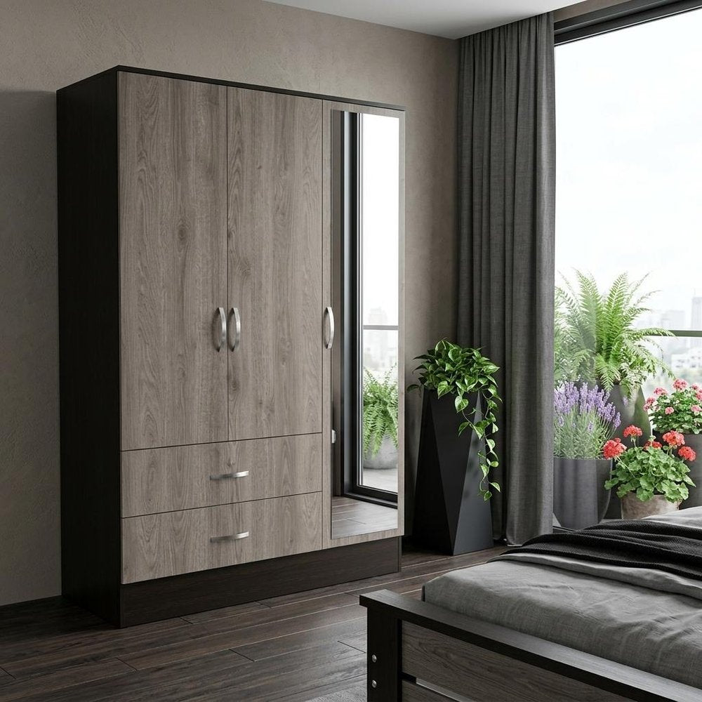 71" Brown And Black Wood Mirrored Three Door Two Drawer Combo Dresser  Warm Home View