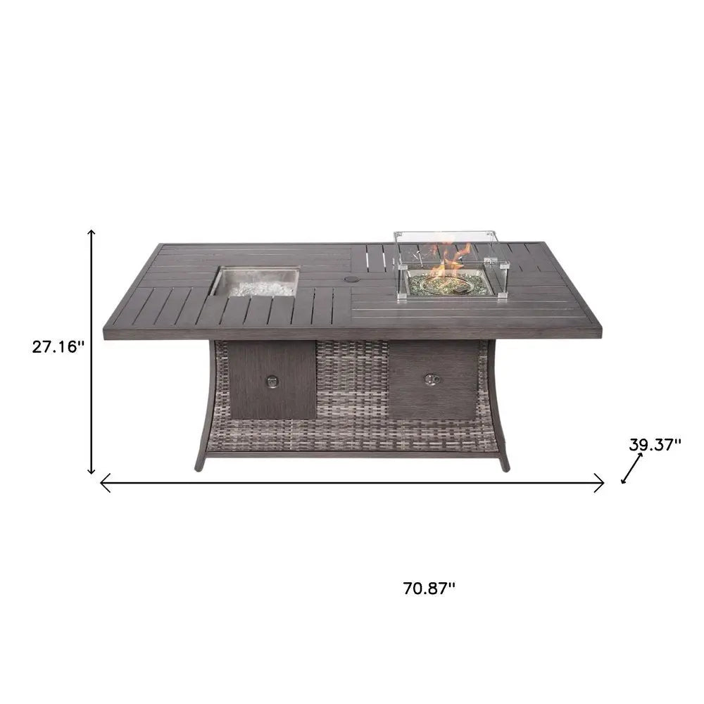 Gray Wicker Outdoor Gas Fire Pit Table with Integrated Ice Bucket  Warm Home View