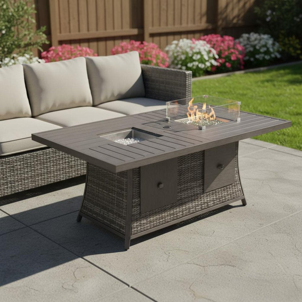 Gray Wicker Outdoor Gas Fire Pit Table with Ice Bucket  Warm Home View