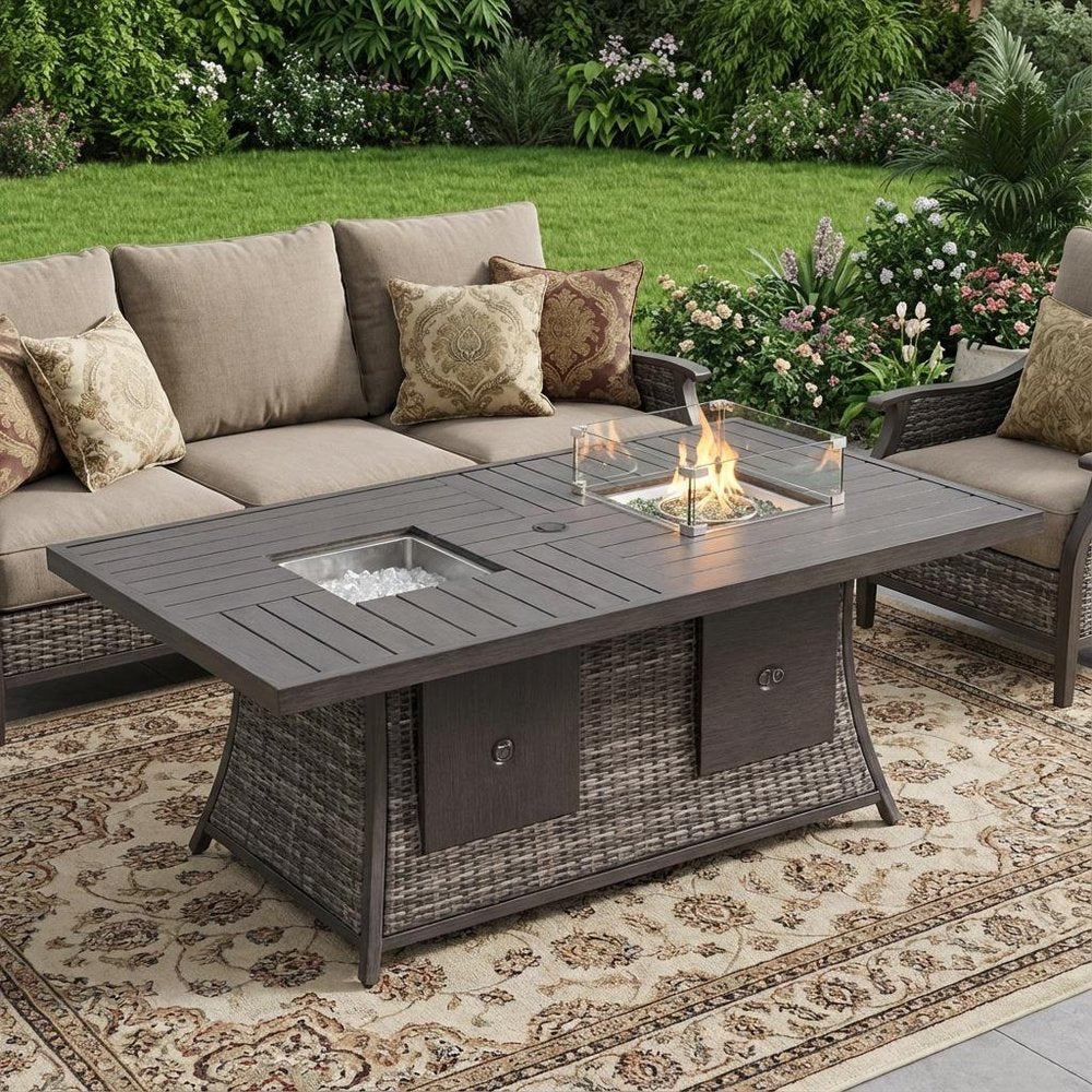 Gray Wicker Outdoor Gas Fire Pit Table with Ice Bucket  Warm Home View
