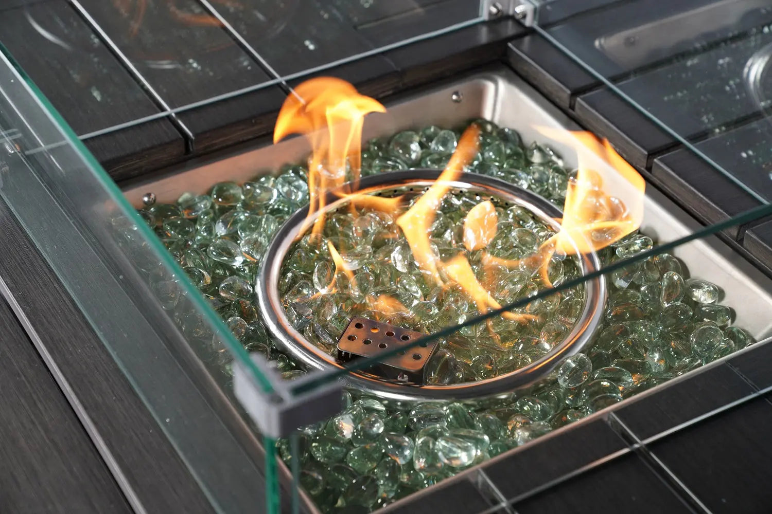 Gray Wicker Outdoor Gas Fire Pit Table with Integrated Ice Bucket  Warm Home View