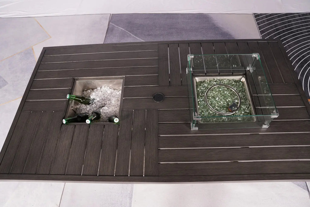 Gray Wicker Outdoor Gas Fire Pit Table with Integrated Ice Bucket  Warm Home View