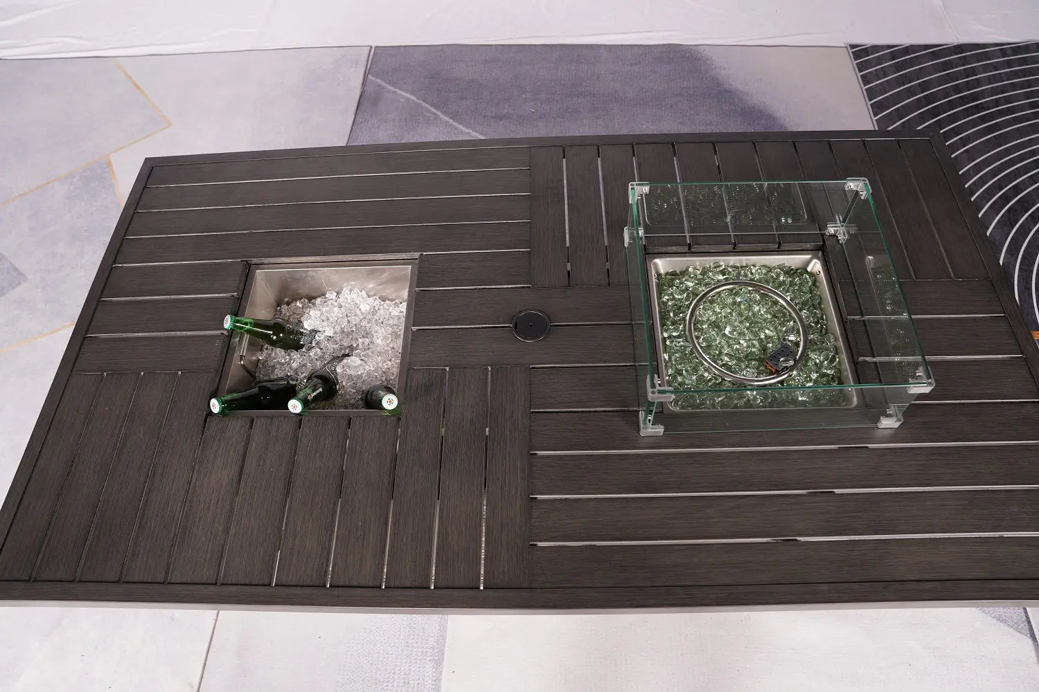 Gray Wicker Outdoor Gas Fire Pit Table with Integrated Ice Bucket  Warm Home View