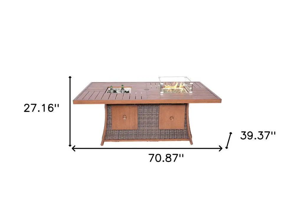 Brown Wicker Outdoor Gas Fire Pit Table with Integrated Ice Bucket  Warm Home View