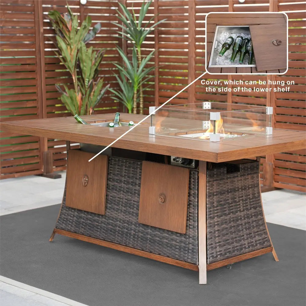 Brown Wicker Outdoor Gas Fire Pit Table with Integrated Ice Bucket  Warm Home View