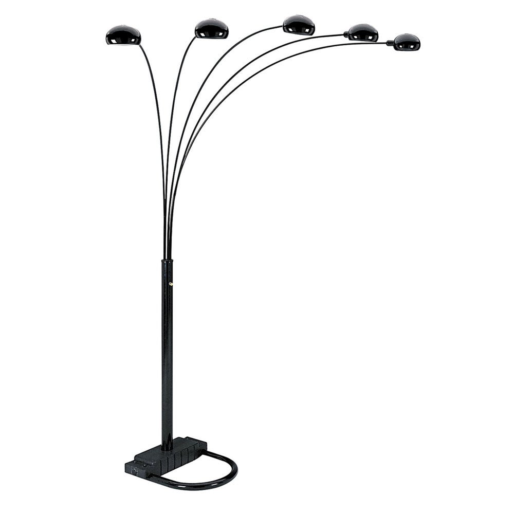 84" Black Five Light Arc Floor Lamp With Black Dome Shade  Warm Home View