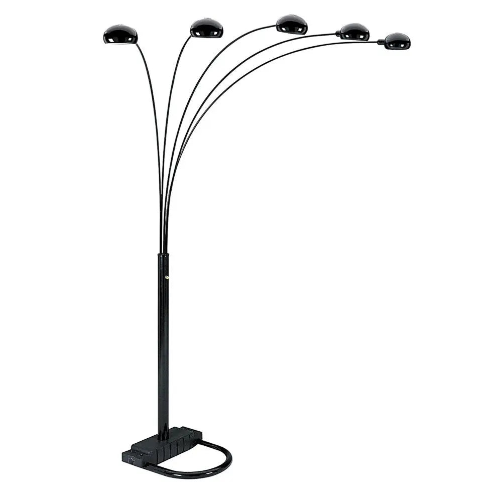 84" Black Five Light Arc Floor Lamp With Black Dome Shade  Warm Home View