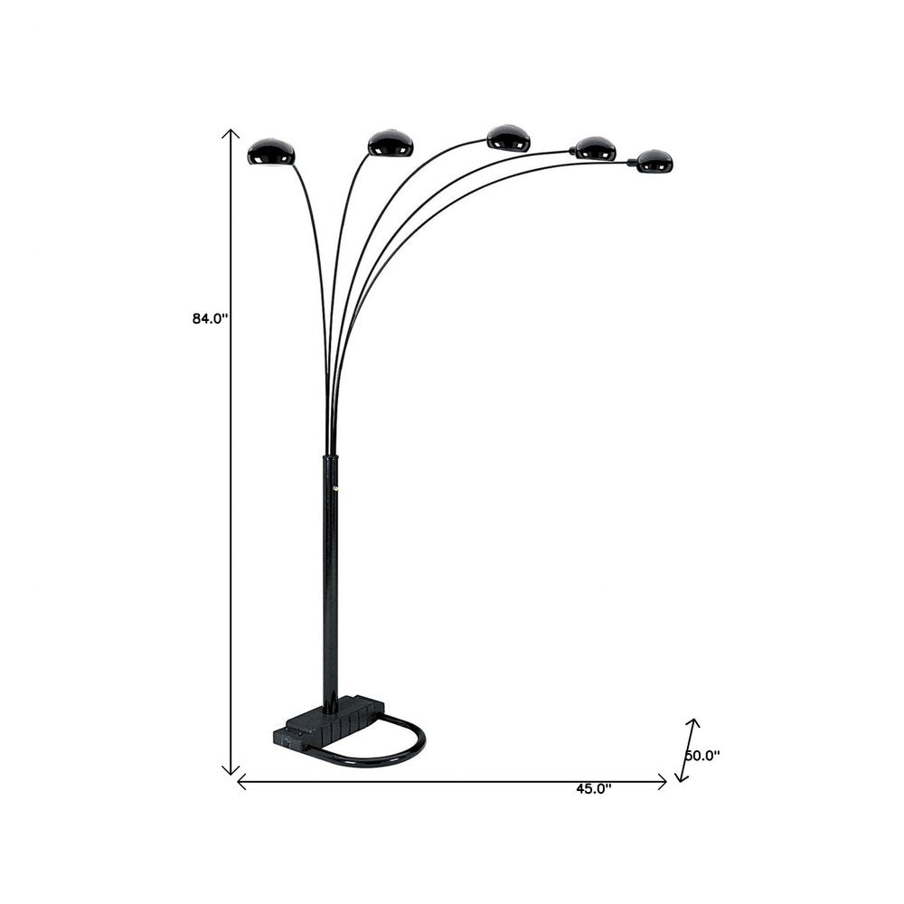 84" Black Five Light Arc Floor Lamp With Black Dome Shade  Warm Home View