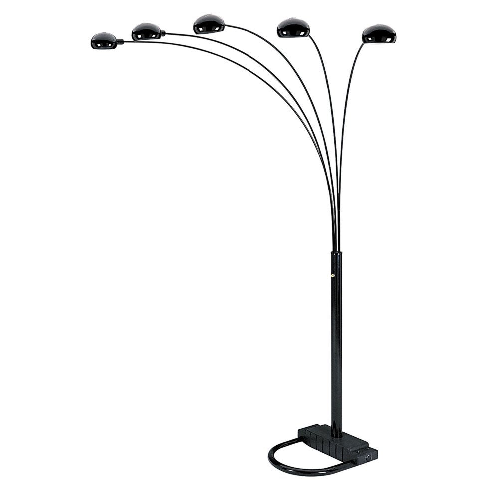 84" Black Five Light Arc Floor Lamp With Black Dome Shade  Warm Home View