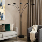 84" Black Five Light Arc Floor Lamp With Black Dome Shade  Warm Home View