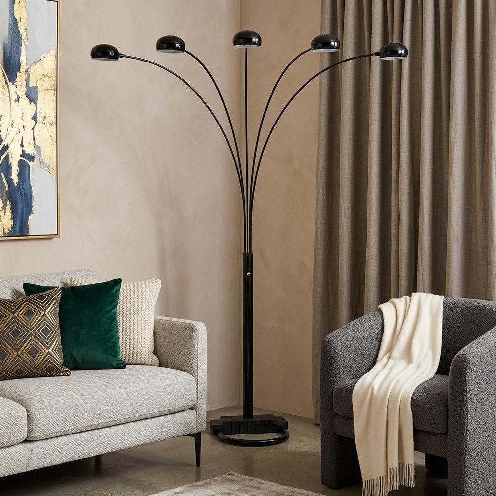 84" Black Five Light Arc Floor Lamp With Black Dome Shade  Warm Home View