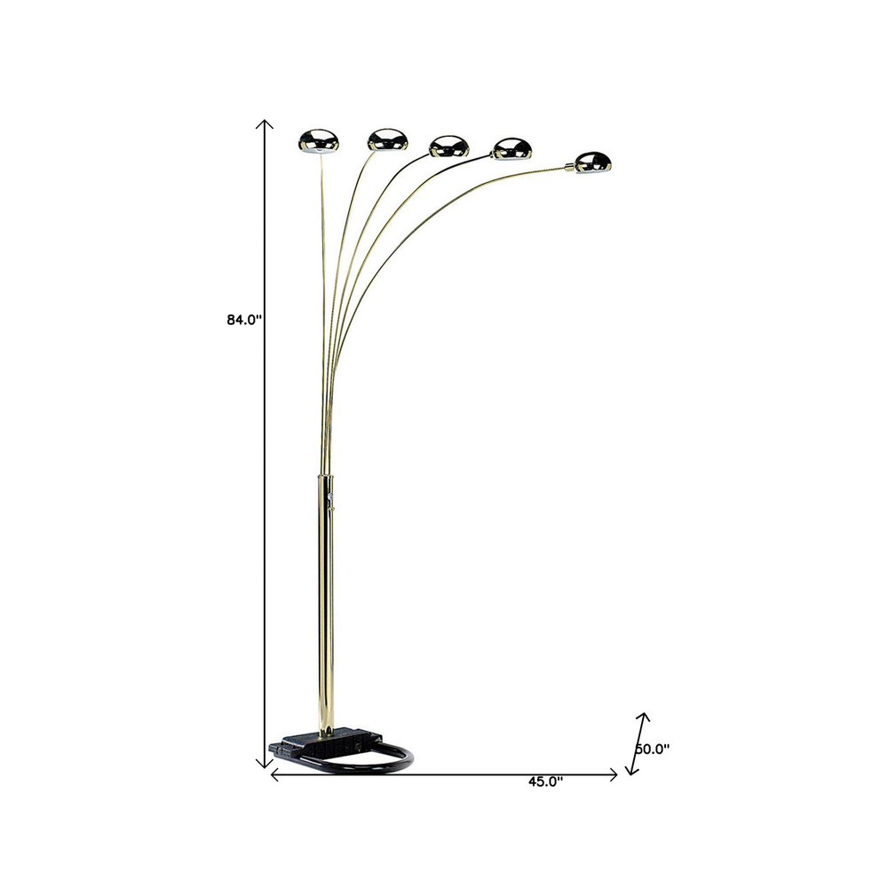 84" Gold Five Light Arc Floor Lamp With Brass Metal Dome Shade  Warm Home View