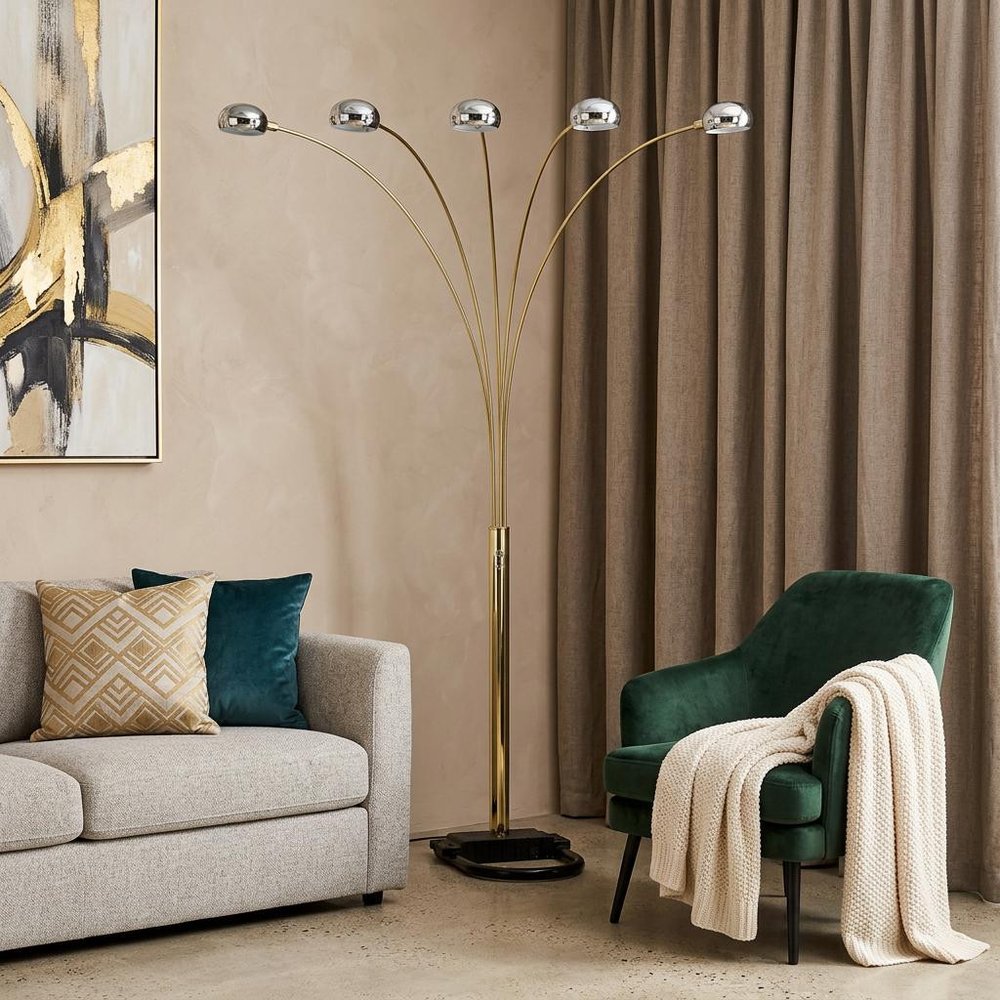 84" Gold Five Light Arc Floor Lamp With Brass Metal Dome Shade  Warm Home View