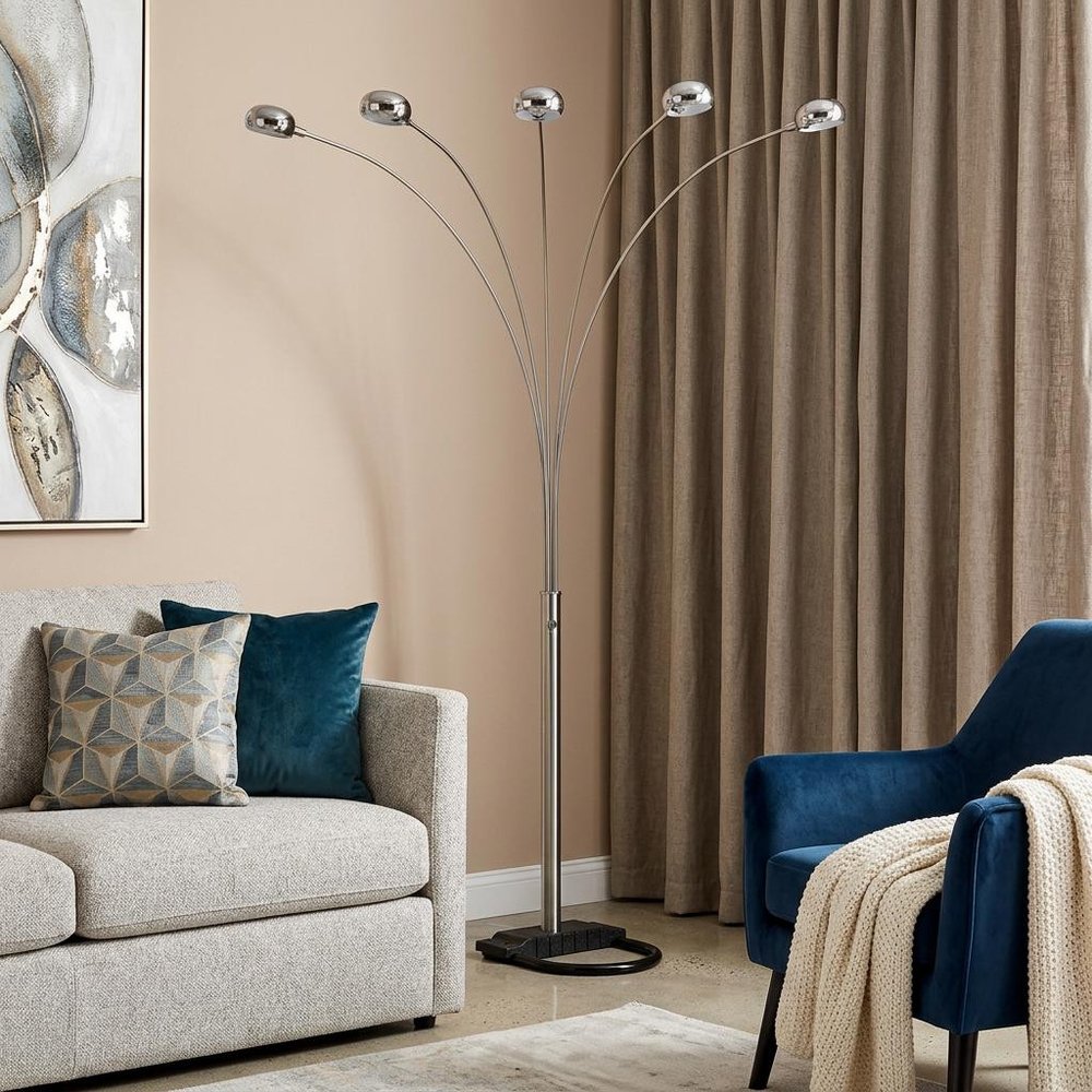 84" Gold Five Light Arc Floor Lamp With Brass Metal Dome Shade  Warm Home View