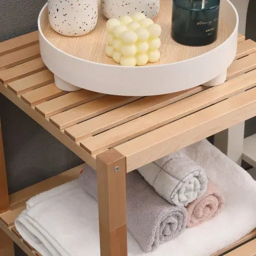 2-Tier Birch Bathroom Shelf, Narrow Shelving Unit, Multifunctional Storage Rack, Corner Rack, For Kitchen, Living Room, Bedroom, Entryway, Bathroom, Natural  Warm Home View
