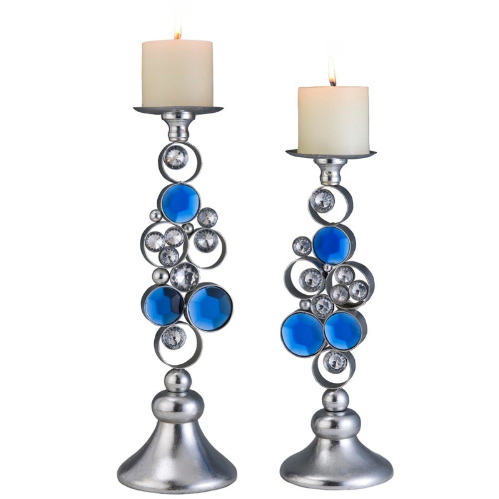 Set Of Two Silver and Blue Bling Tabletop Pillar Candle Holders  Warm Home View