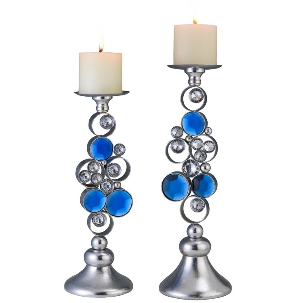 Set Of Two Silver and Blue Bling Tabletop Pillar Candle Holders  Warm Home View