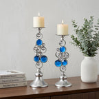 Set Of Two Silver and Blue Bling Tabletop Pillar Candle Holders  Warm Home View