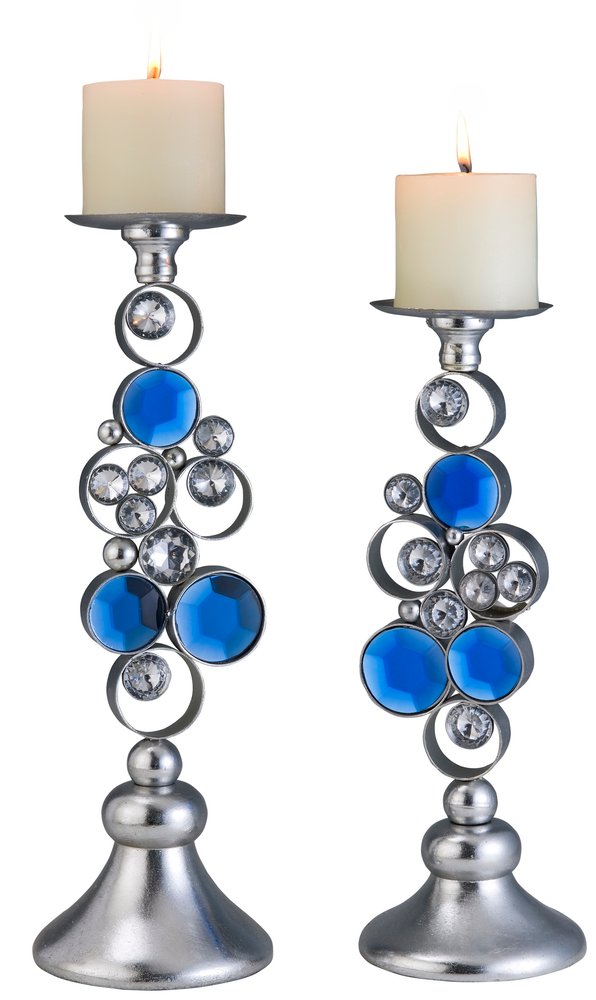 Set Of Two Silver and Blue Bling Tabletop Pillar Candle Holders  Warm Home View