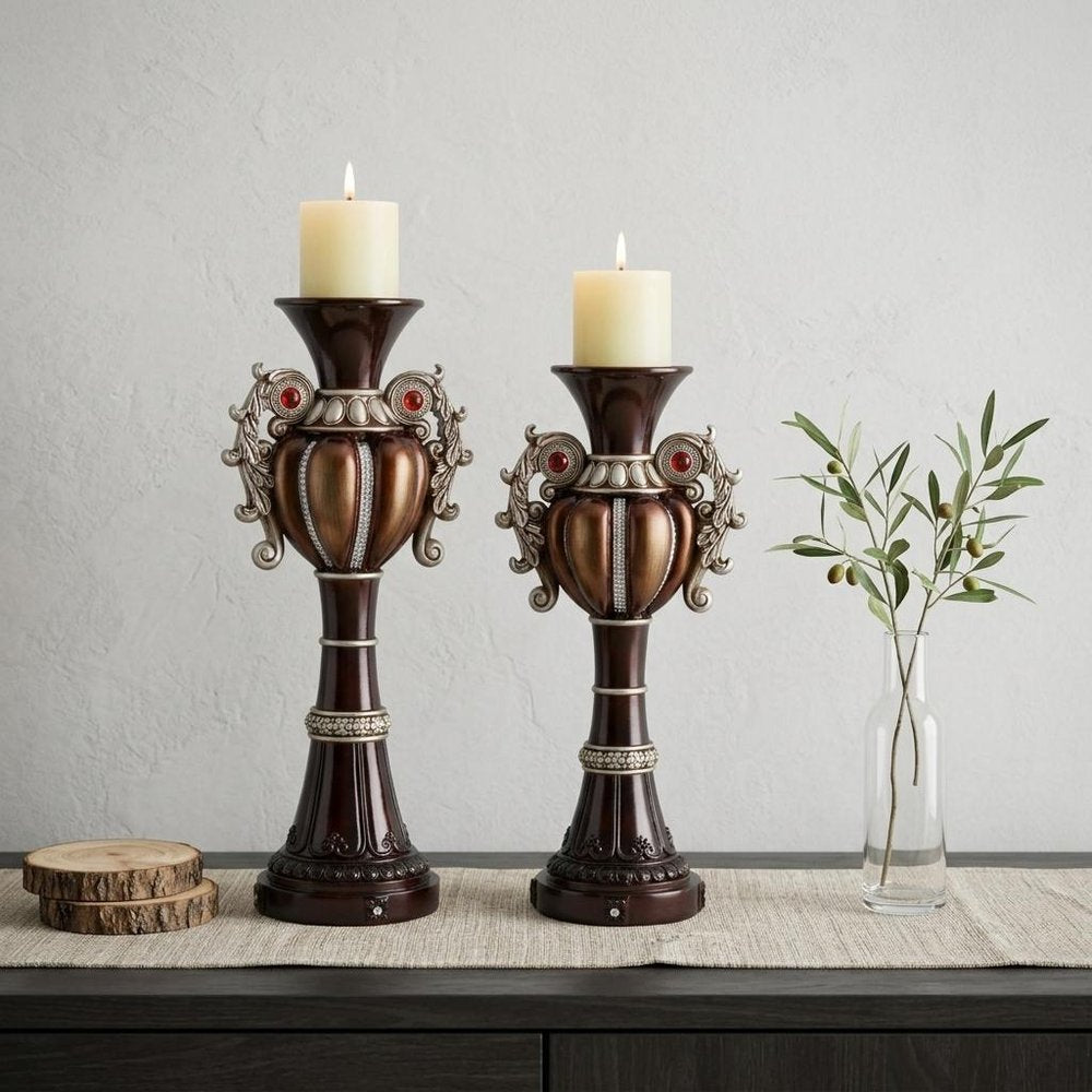 Set Of Two Bronze Tabletop Urn Shape Pillar Candle Holders  Warm Home View