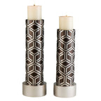 Set Of Two Espresso and Silver Pillar Tabletop Pillar Candle Holders  Warm Home View