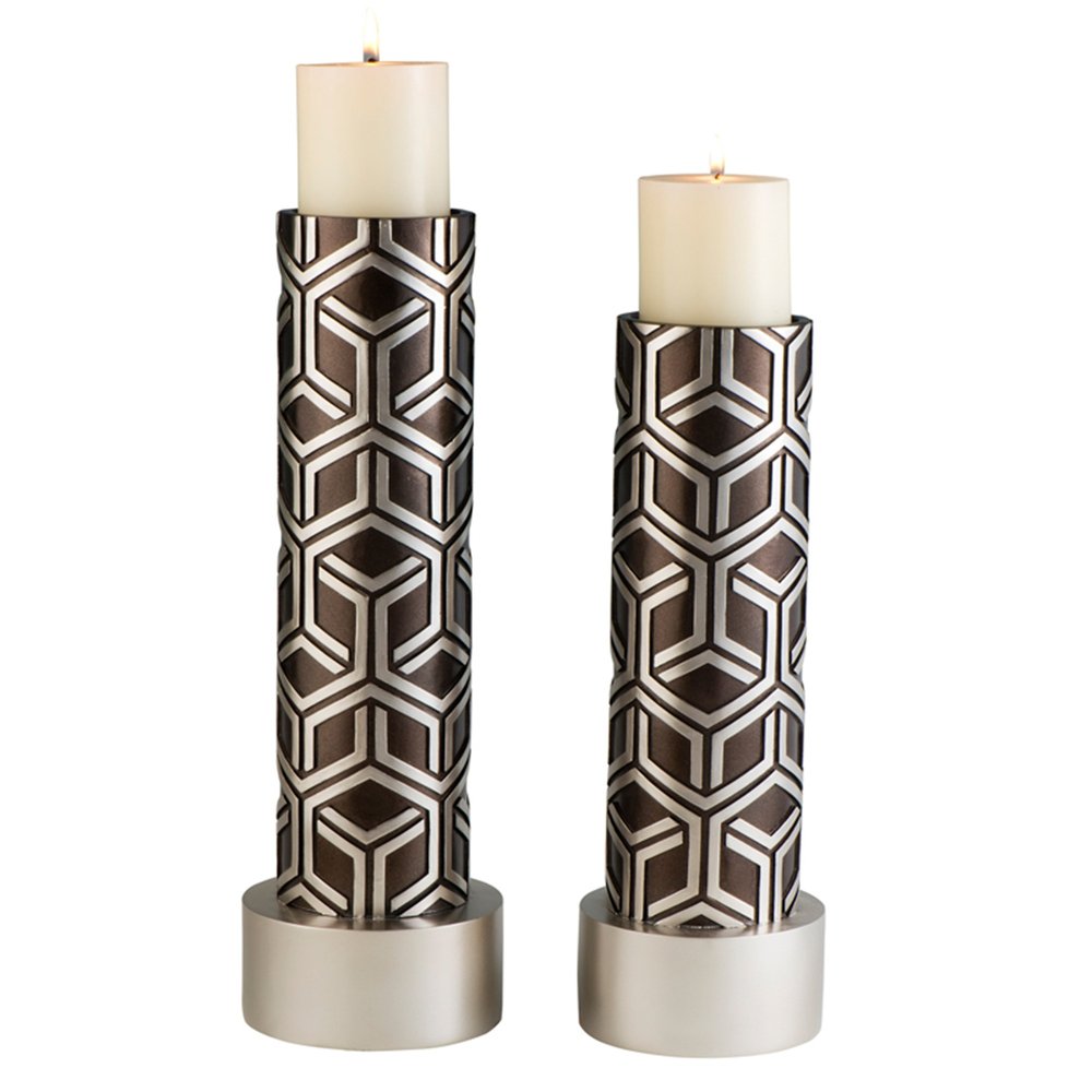 Set Of Two Espresso and Silver Pillar Tabletop Pillar Candle Holders  Warm Home View
