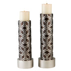Set Of Two Espresso and Silver Pillar Tabletop Pillar Candle Holders  Warm Home View