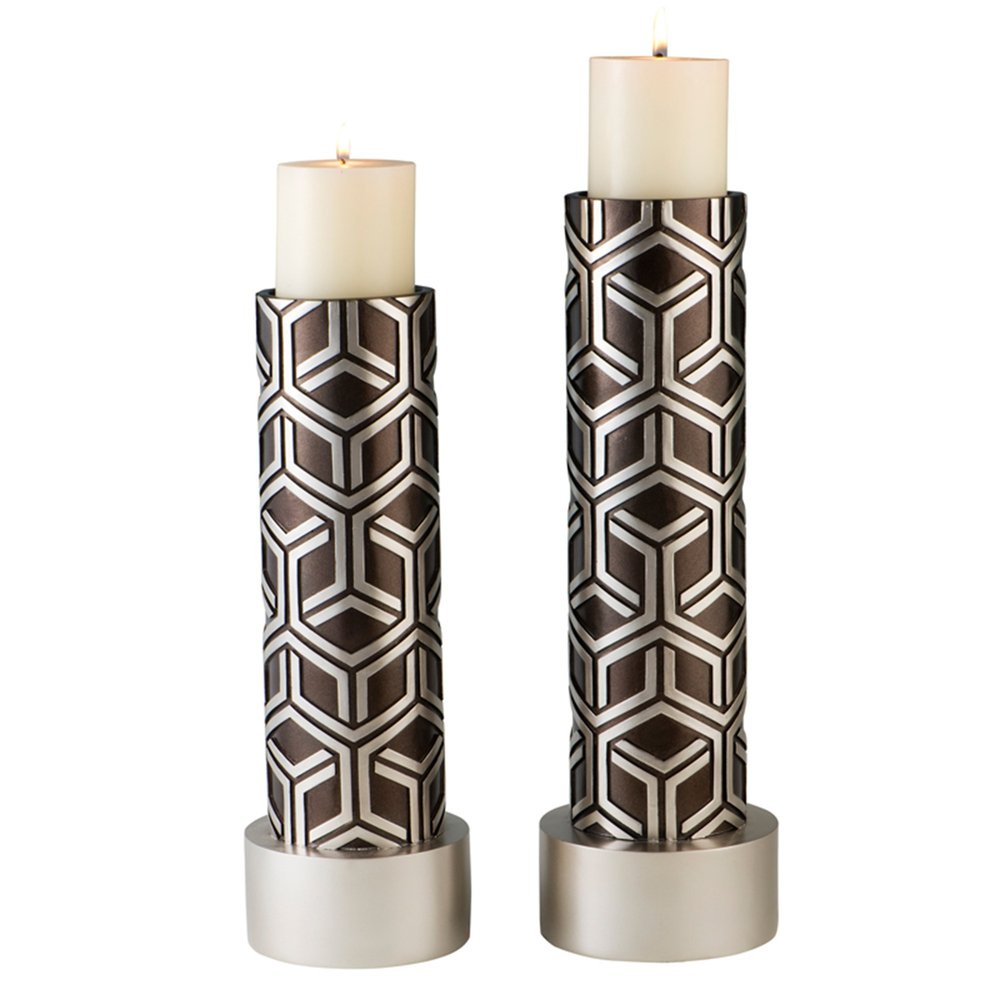 Set Of Two Espresso and Silver Pillar Tabletop Pillar Candle Holders  Warm Home View