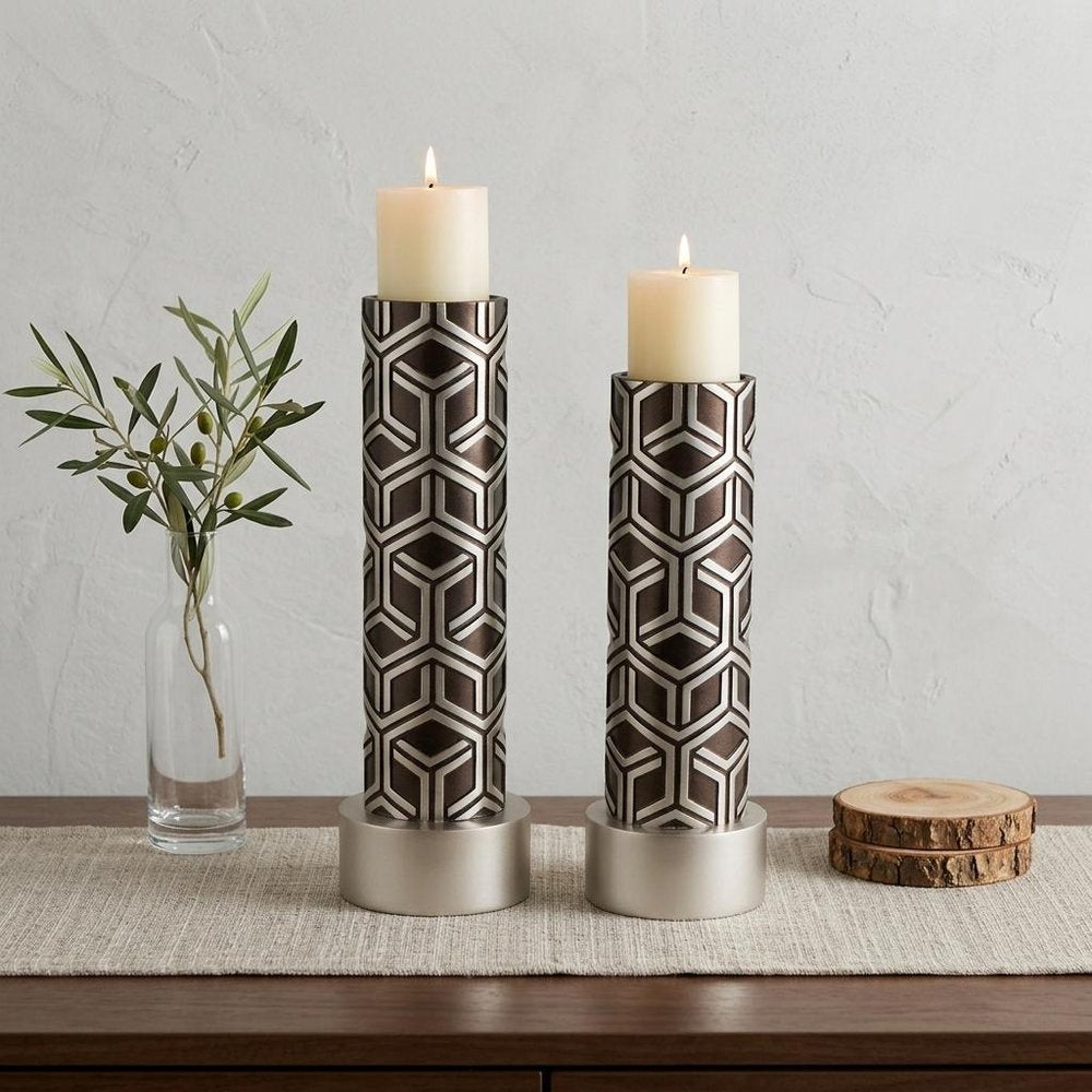 Set Of Two Espresso and Silver Pillar Tabletop Pillar Candle Holders  Warm Home View