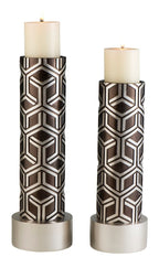 Set Of Two Espresso and Silver Pillar Tabletop Pillar Candle Holders  Warm Home View