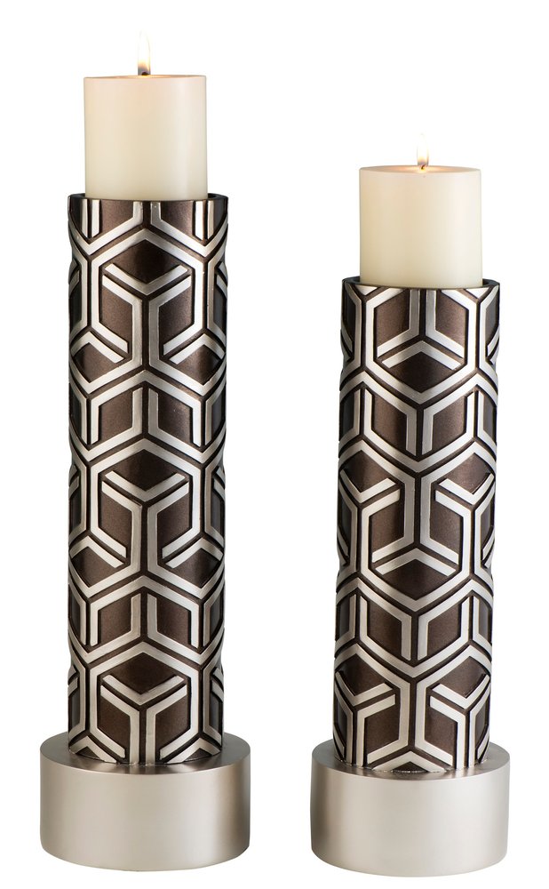 Set Of Two Espresso and Silver Pillar Tabletop Pillar Candle Holders  Warm Home View