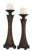 Set of Two Bronze Polyresin Woven Tabletop Pillar Candle Holders With Candle  Warm Home View