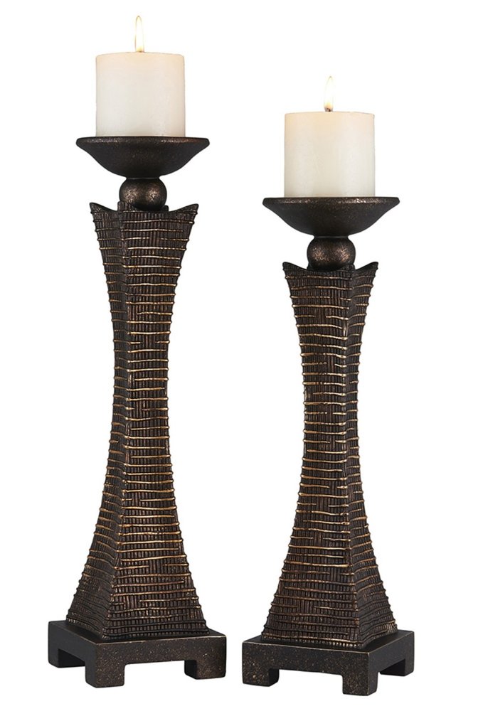 Set of Two Bronze Polyresin Woven Tabletop Pillar Candle Holders With Candle  Warm Home View