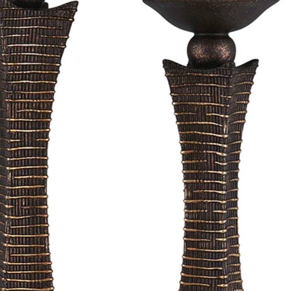 Set of Two Bronze Polyresin Woven Tabletop Pillar Candle Holders With Candle  Warm Home View