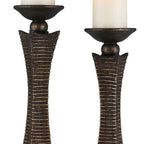 Set of Two Bronze Polyresin Woven Tabletop Pillar Candle Holders With Candle  Warm Home View