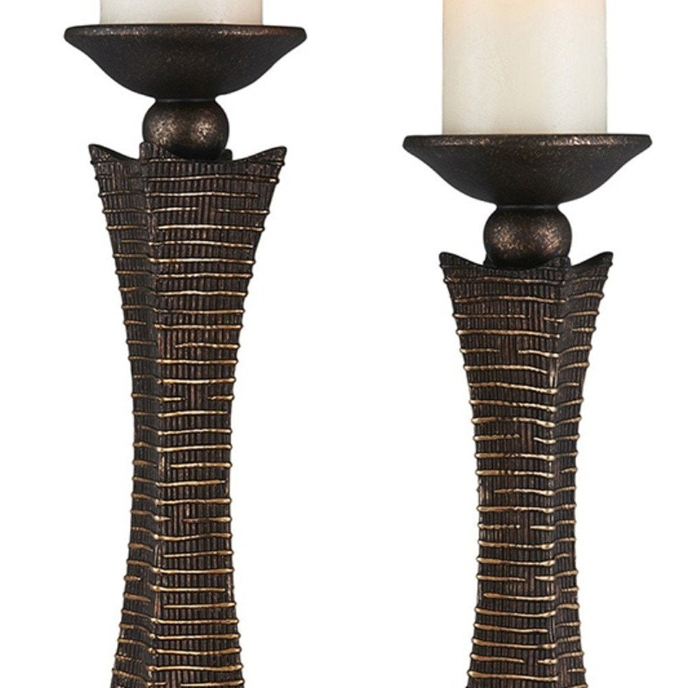 Set of Two Bronze Polyresin Woven Tabletop Pillar Candle Holders With Candle  Warm Home View