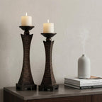 Set of Two Bronze Polyresin Woven Tabletop Pillar Candle Holders With Candle  Warm Home View
