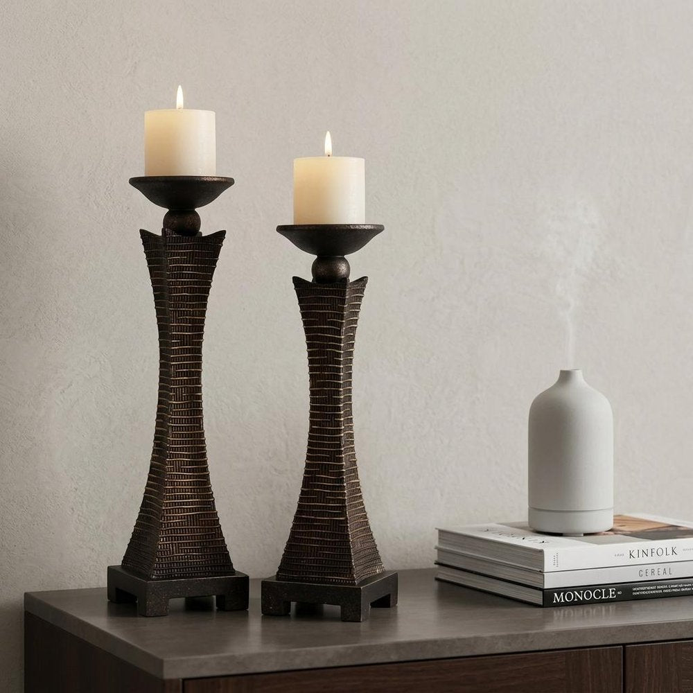 Set of Two Bronze Polyresin Woven Tabletop Pillar Candle Holders With Candle  Warm Home View