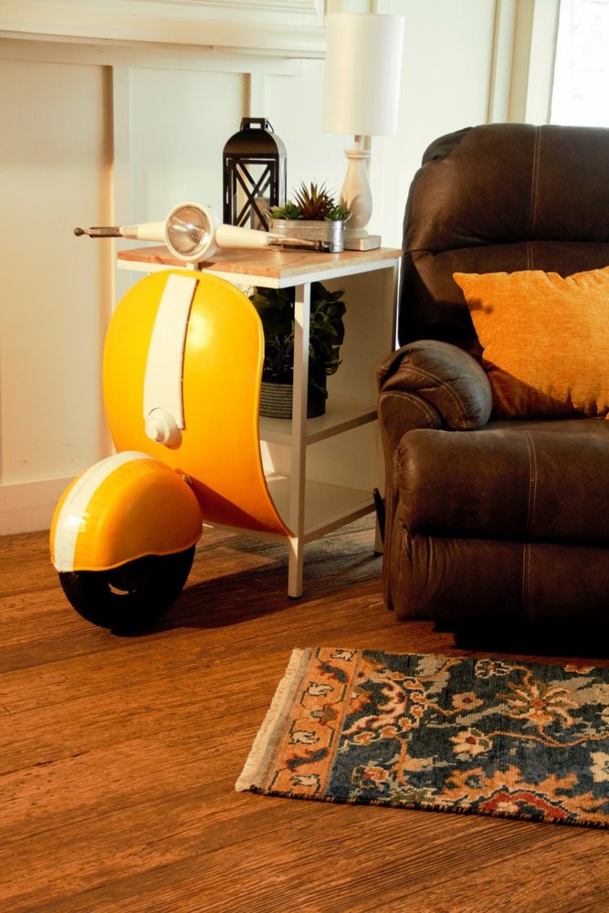 Yellow Wood And Metal Mini Scooter End or Side Table  Warm Home View