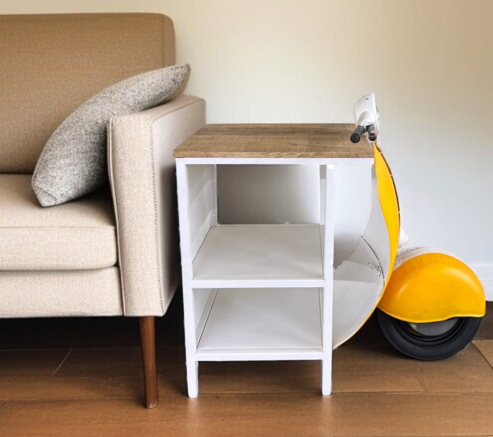 Yellow Wood And Metal Mini Scooter End or Side Table  Warm Home View