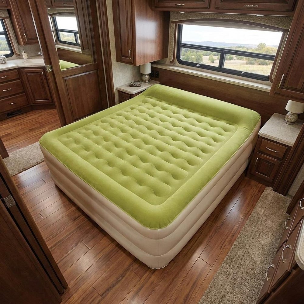 Raised Head Moss Green Inflatable Queen Size Bed Mattress  Warm Home View